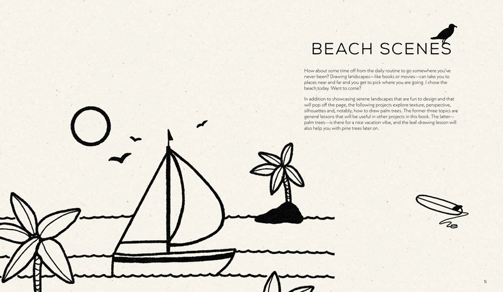 15-Minute Ink Landscapes: Simple, Striking, Soothing Lineart of Forests, Mountains, Beaches and More